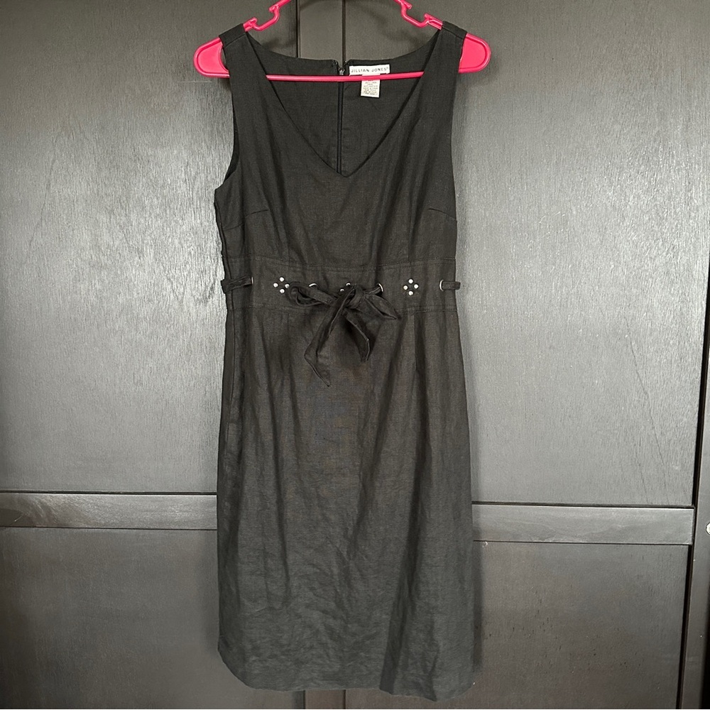 Jillian Jones Dress 100% Linen Black Sleeveless Lined High Waisted belt detail 8